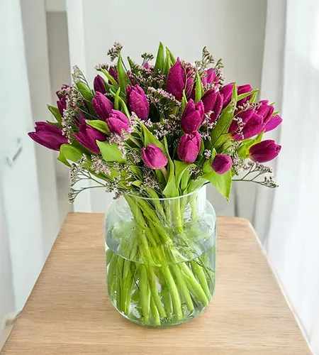 30 Purple Tulips in Vase - Elegant & Fresh Floral Display