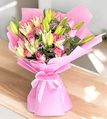 Pink Roses & White Lilies Bouquet – Grace in Every Stem