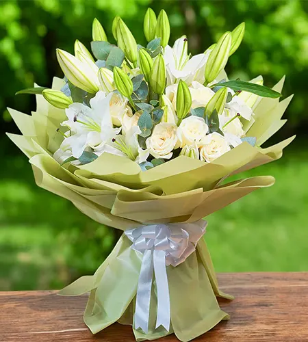 Elegant White Roses & White Lilies Bouquet