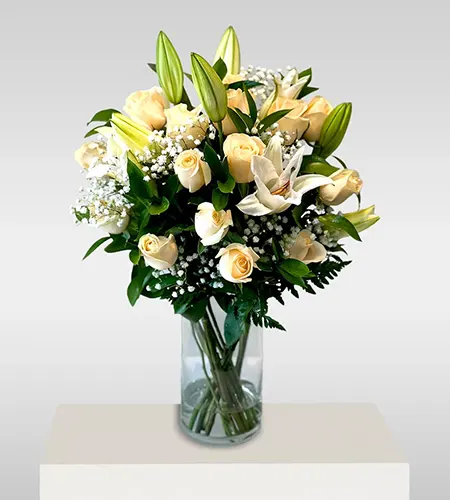 Premium White Rose & White Lily Vase Arrangement