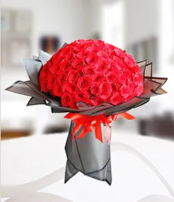 100 Red Roses Bouquet with Elegant Black Wrapping