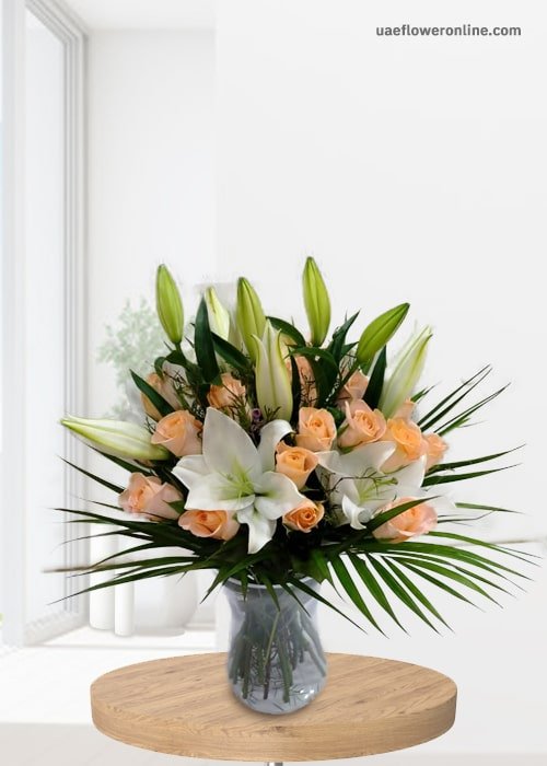 2 Stem Lily White 25 Stem Peach Rose  Green Leaves With Glass Vase