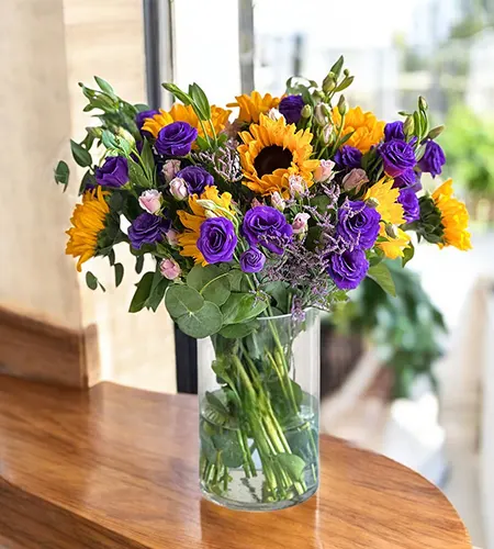 Happy Birthday Flowers - Purple Lisianthus & Sunflowers