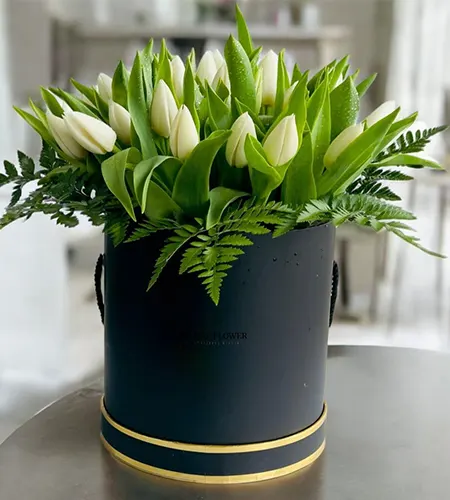 20 White Tulips in Flower Box with Fresh Greenery