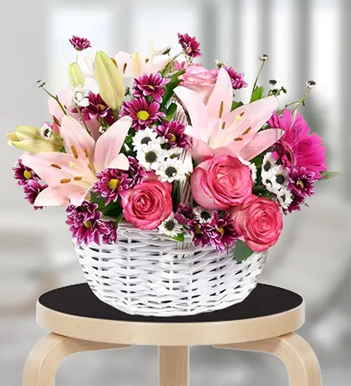 Handle Basket Mix Of Red Flowers