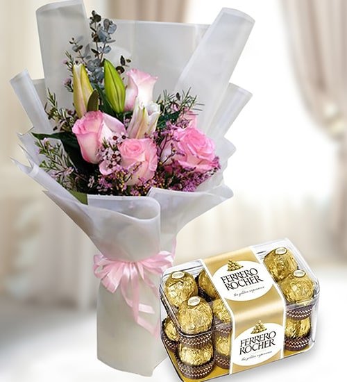 Pink Lily And Pink Rose Bouquet With Ferrero Rocher Chocolates