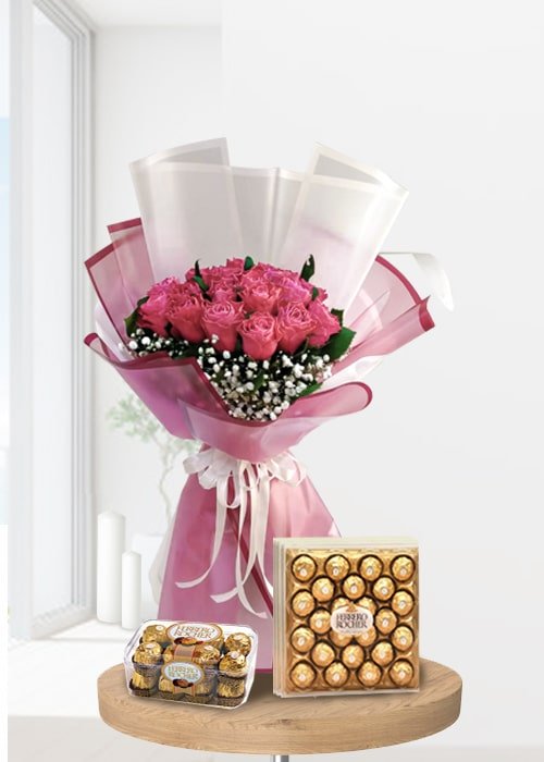 Light Pink Rose Bouquet With Ferrero Rocher Chocolates