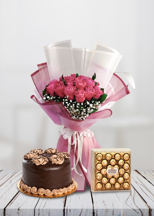Romantic 12 Red Rose Bouquet With Cake Combo