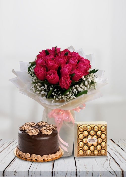 10 Pink Rose Bouquet With Cake Combo