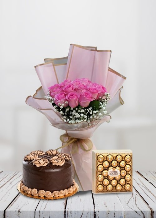 12 Stem Light Pink Rose Bouquet With Cake Combo