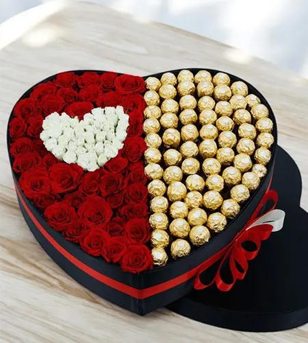 50 Red Roses & 50 Ferrero Rocher Heart-Shaped Box – Ultimate Gift Combo