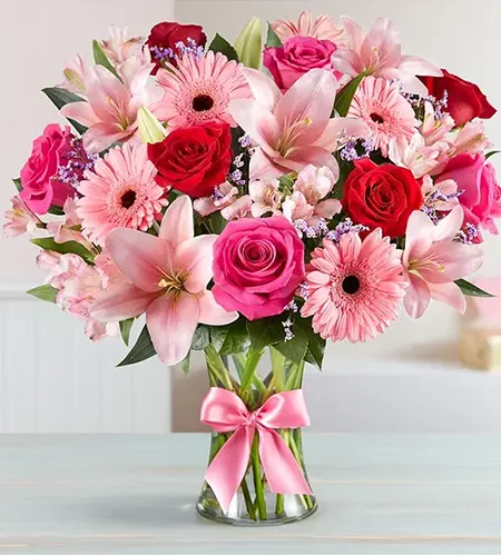 Vibrant Lily,Gerbera & Pink Rose Vase – Premium Floral Arrangement