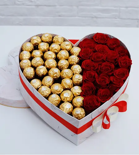 20 Red Roses & 24 Ferrero Rocher Heart-Shaped Box