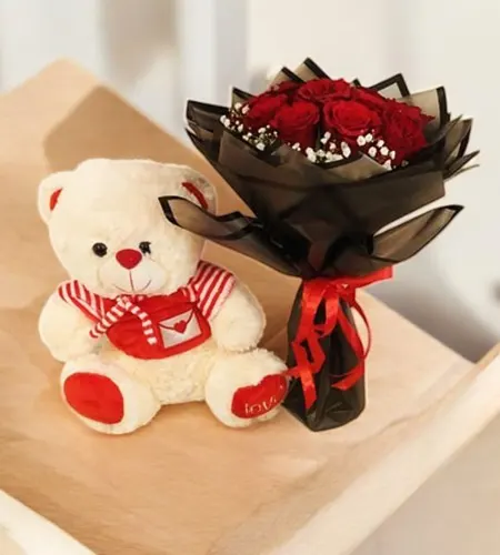 Red Rose With Soft Teddy Bear