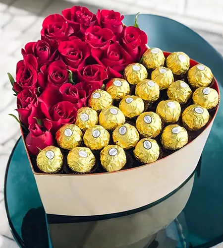 15 Red Roses & 24 Ferrero Rocher Heart Shaped Box Combo