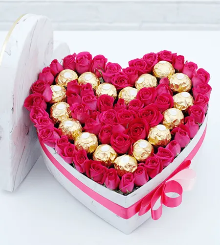 50 Pink Roses with 24 Ferrero Rocher Heart-Shaped Box