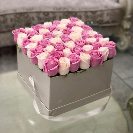 Adorable Pink And White Roses In Large Square Box
