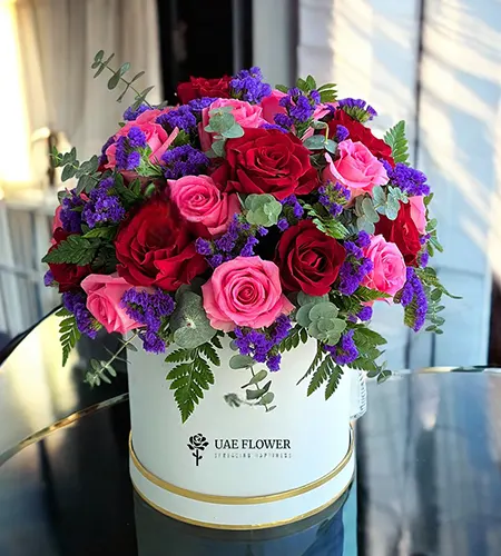 Mixed Roses & Purple Statice Arrangement in White Box