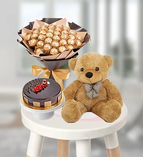 Sweet Moments Trio: Cake, Ferrero Bouquet & Teddy