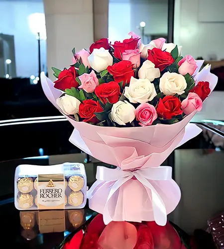 Roses & Ferrero Rocher 16pcs Combo Bouquet – Perfect Gift