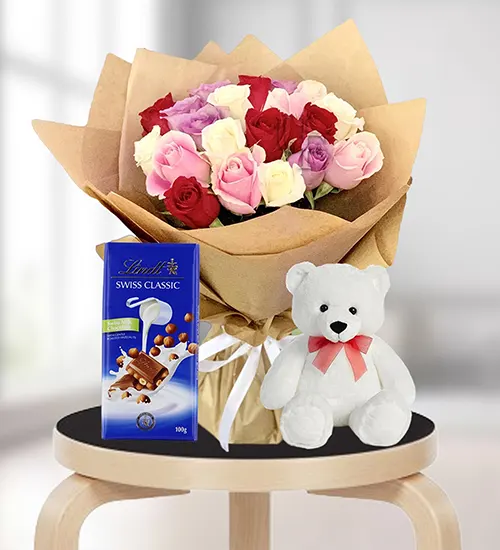 Rose Bouquet, Lindt Chocolate, Teddy Combo
