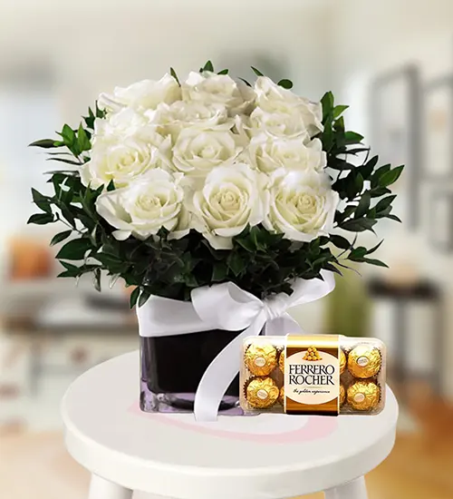 Elegant White Roses in Vase with Ferrero Rocher