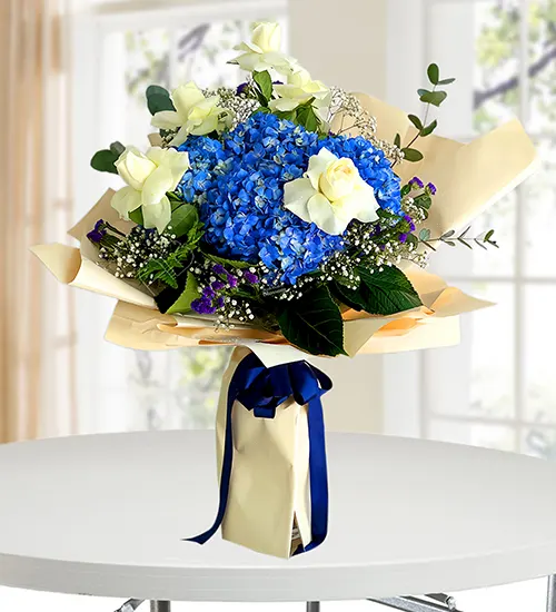 Glorious Blue Hydrangea & Rose Bouquet