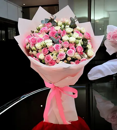 Pink & White Roses Bouquet - 50 Stems with Pink Ribbon