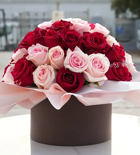 20 Red & 20 Pink Roses in Elegant Round Box-Stunning 50-Rose Gift