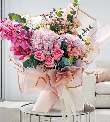 Bouquet of Mix Flowers - Pink Roses, Hydrangea & Orchids