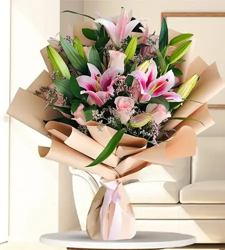 Bouquet of Pink Lilies & Roses in Brown Wrapping