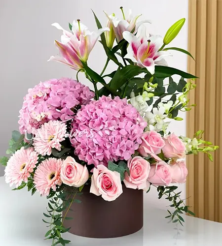 Pink Floral Box with Hydrangeas, Roses, Lilies & Orchids