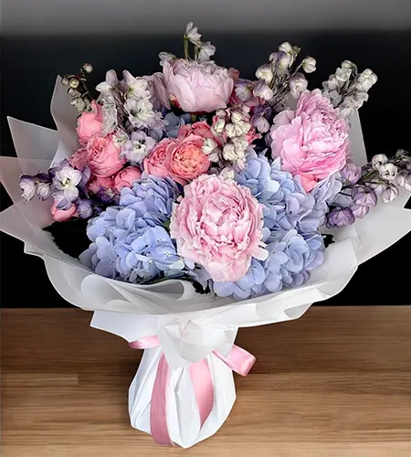 Hydrangea, Peonies, and Orchid Bouquet – Luxurious Blooms
