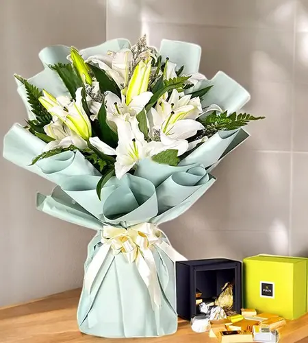 White Lily Bouquet with 250g Patchi Chocolates