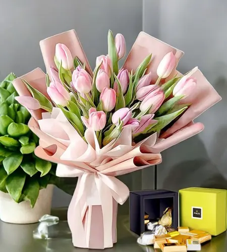 Pink Tulip Bouquet with 250g Patchi Chocolates