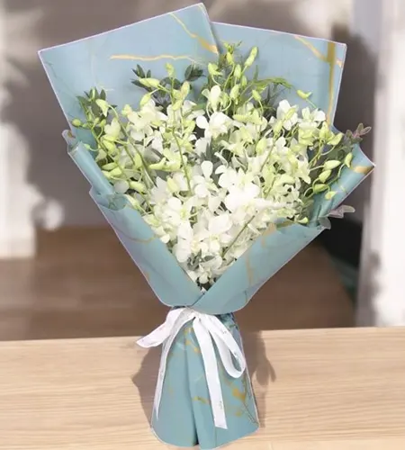 15 White Orchid Bouquet with Luxury Wrapping & White Ribbon