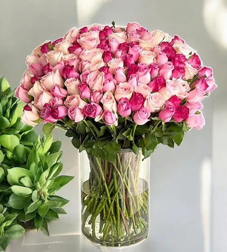 Pink and White Rose Vase - 100 Roses of Pure Elegance