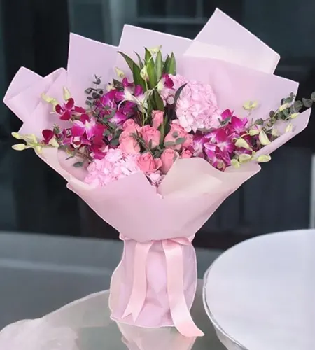 Pink & Purple Delight Bouquet - Hydrangeas, Orchids & Roses