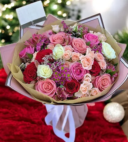 Vibrant Mixed Roses Bouquet - 6 Pink, 10 White & 6 Red Roses with Fresh Mixed Flowers