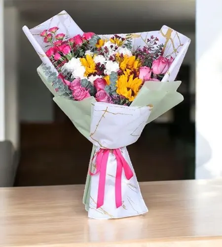Vibrant Mix Flower Bouquet with Sunflowers, Roses, and Carnations ? Stunning Gift for Any Occasion