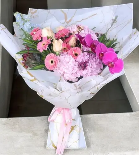 Luxury Mixed Flower Bouquet - Pink, Peach, Purple & Sky Blue Elegance