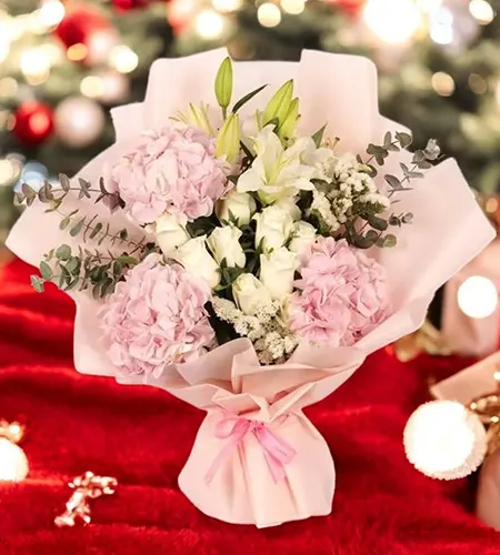 Elegant White Lily, Rose & Pink Hydrangea Bouquet - Beautifully Wrapped with White Ribbon
