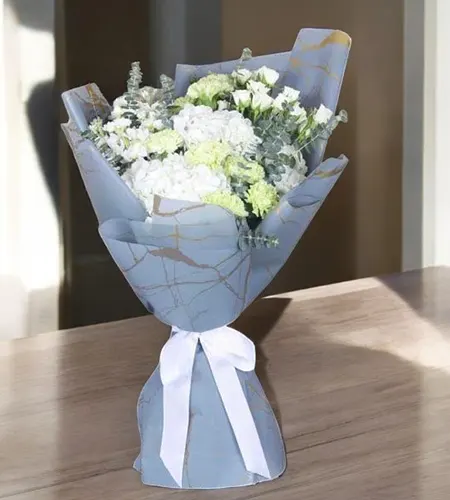 Peaceful Wishes Flower Bouquet - Elegant White Hydrangea, Carnation & Roses