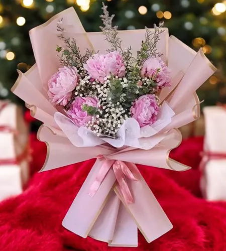 Pink Peonies Bouquet - 5 Pieces with Limonium, Gypso & Eucalyptus