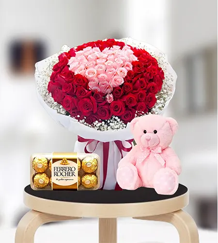 Red & Pink Roses Valentine's Bouquet with Ferrero Rocher and Teddy