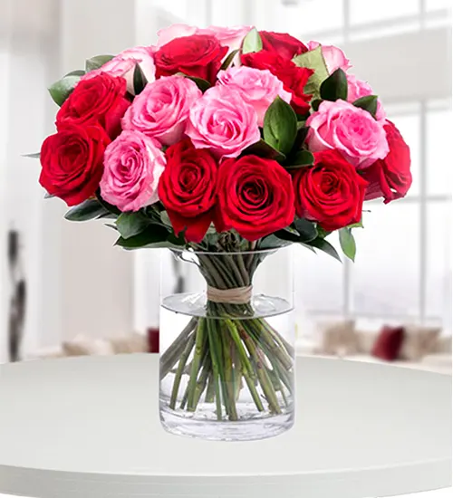 25 Red & Pink Roses Glass Vase Arrangement