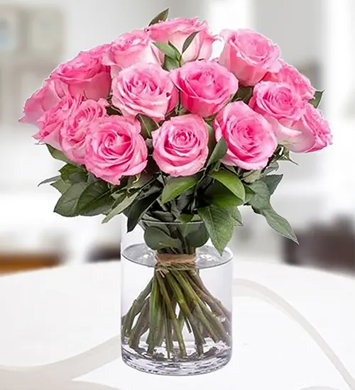 20 Pink Roses Glass Vase Arrangement