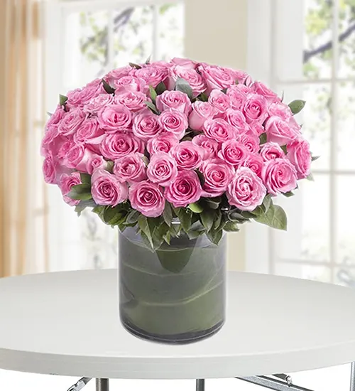 50 Pink Roses Glass Vase Arrangement
