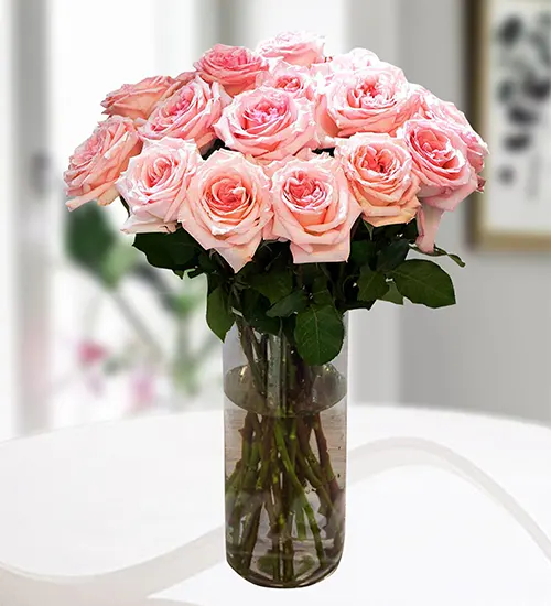 25 Pink Roses Glass Vase Arrangement
