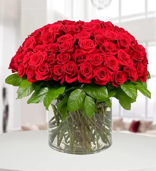 60 Red Rose Glass Vase Arrangement